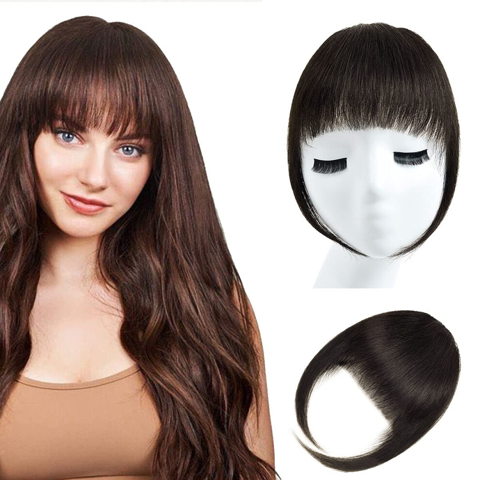 Clip In Bangs Human Hair Extensions French Style Fringe with Temple Coverage Dark Brown