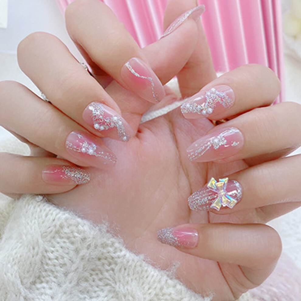 24PCS Press on Nails with 3D Bowknot, Blush Butterfly Glitter Medium Fake Acrylic Nails Set