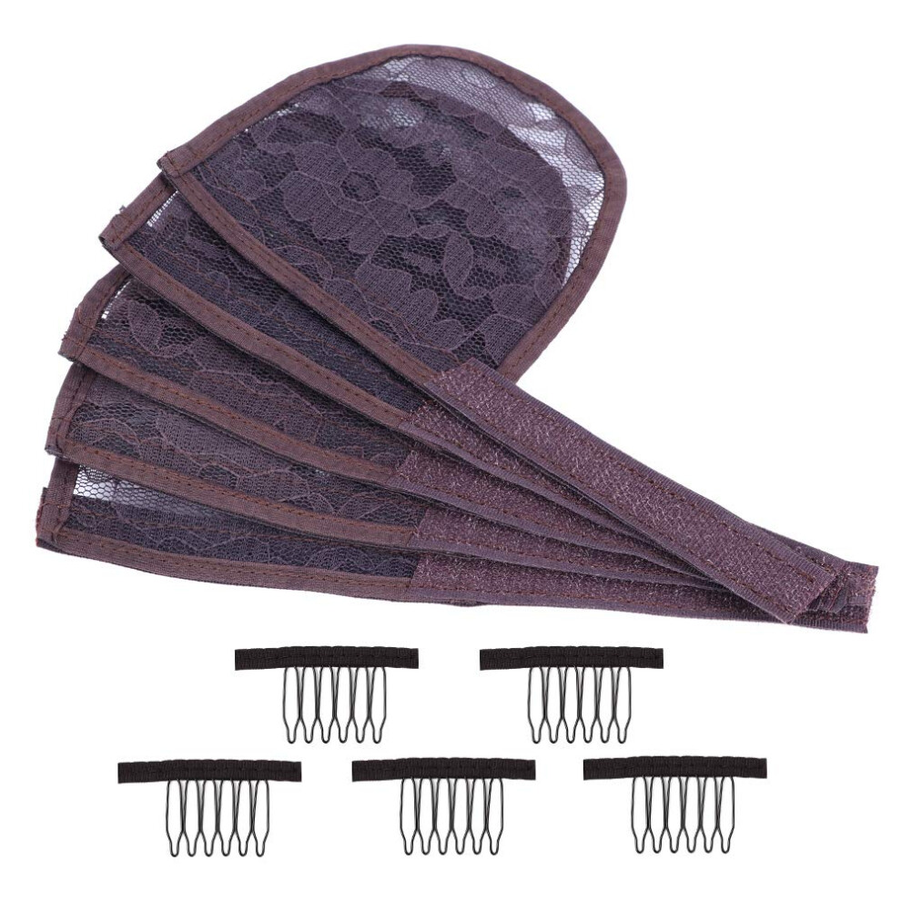 Unisex Brown Lace Ponytail Base With Combs And Magic Buckle, Stretchable Wig Cap For Diy Ponytail, 5Pcs