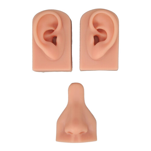 Piercing Practice Model with Realistic Silicone Nose and Ear, Light Skin Tone, Reusable Training Kit