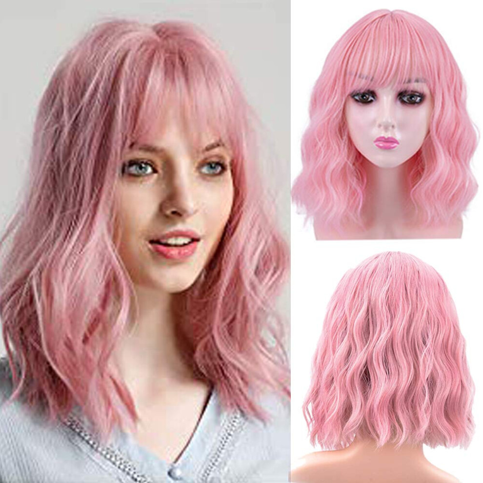 Unisex Blonde 14 Inch Wavy Bob Wig Heat Resistant Synthetic Fiber With Natural Hairline Adjustable Fit