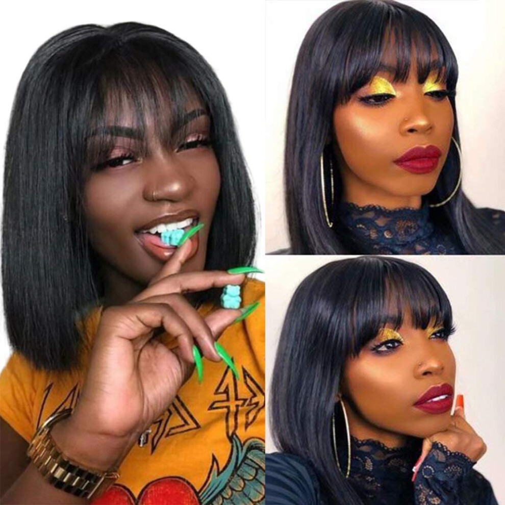 Unisex Human Hair Wigs With Bangs Brazilian Straight Bob 10 Inch Glueless 180% Density Natural Hair