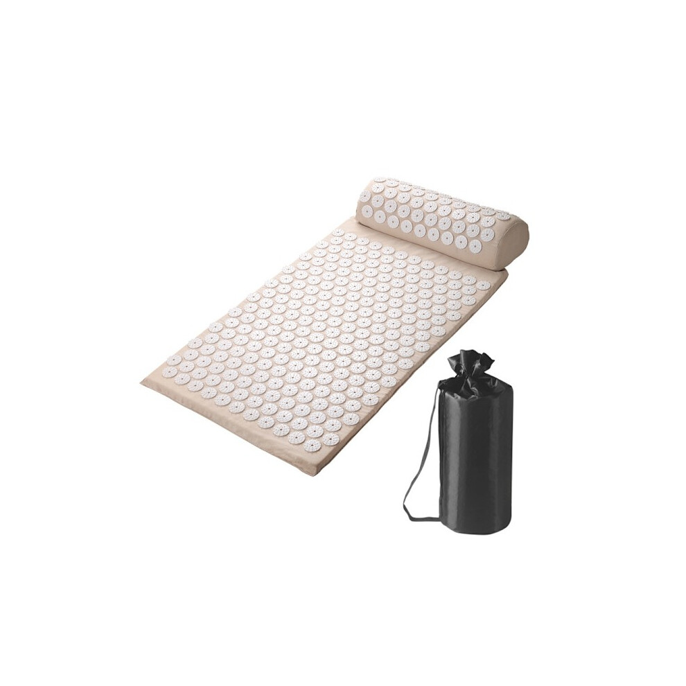 Beige Acupressure Mat And Pillow Set With Bag - Compatible With Acupuncture Therapy For Neck, Back & Muscle Pain, Stress Relief, Sciatica