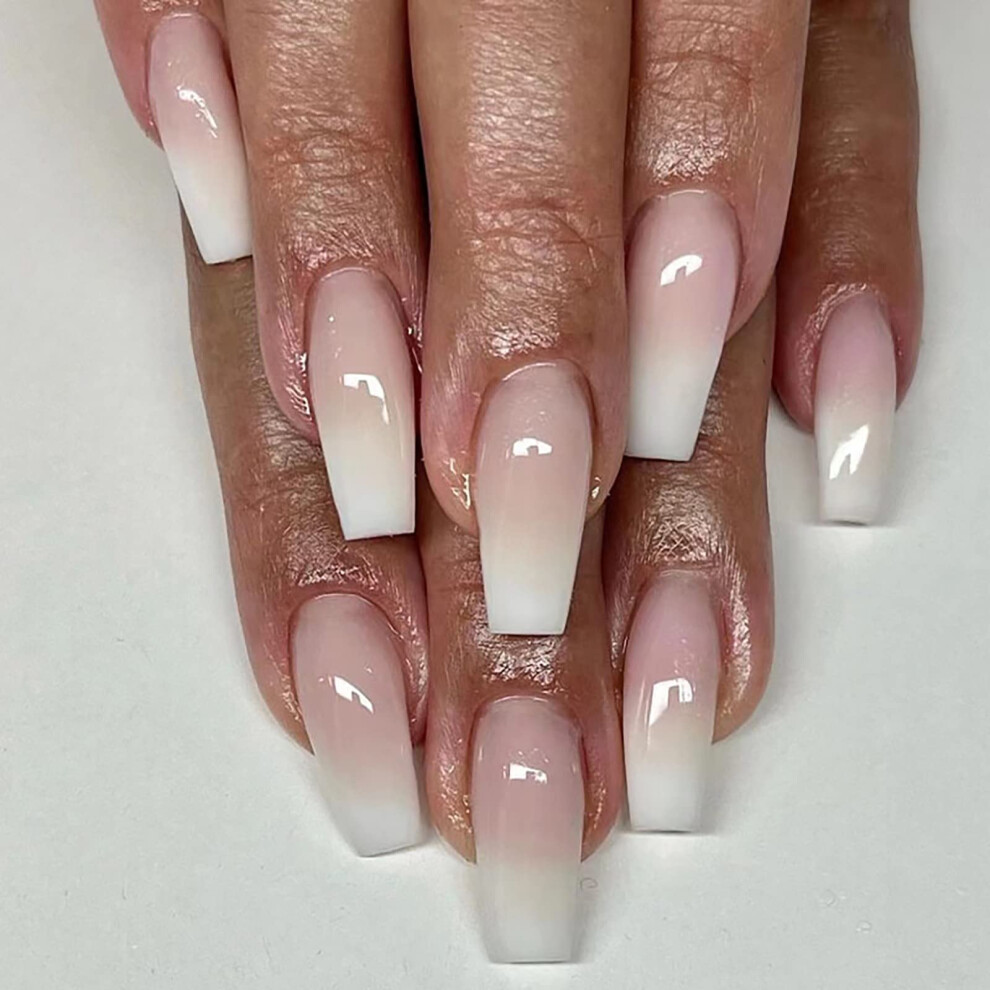 Cream Long Coffin Press On Nails French Ombre Nude Glossy Acrylic With Glue 24Pcs De Nude Set