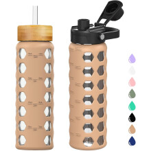 Gobelet isotherme de 710 ml (24 oz), bouteille d'eau en verre avec 2 couvercles et paille, manchon en silicone avec indicateur de temps, couleur ambre