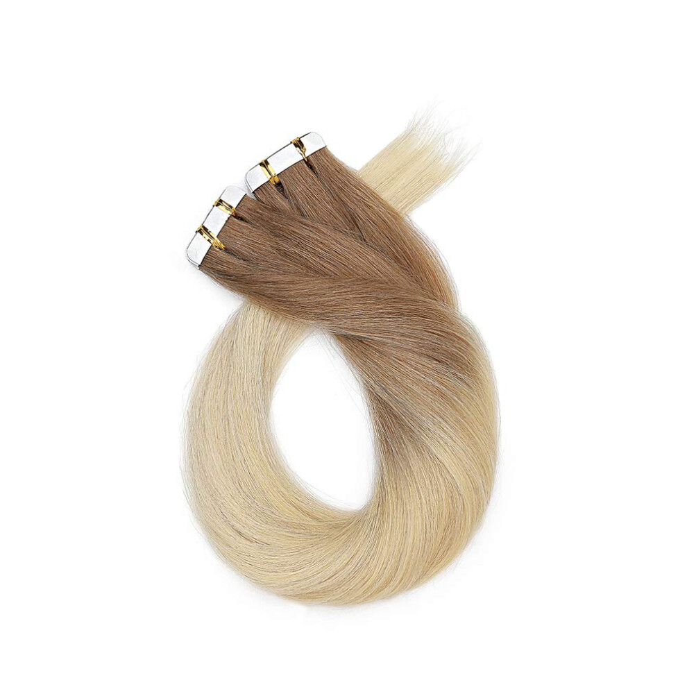 Unisex Brown,Silver Tape In Human Hair Extensions Remy Seamless Skin Weft Chestnut Brown To Platinum Blonde 18In 50G