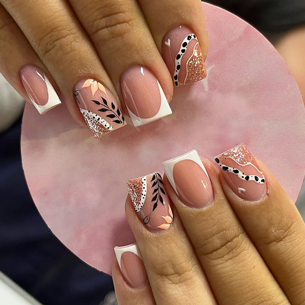Cream Short Square Press On Nails Nude Glitter Leaf Fake Nails Glossy Full Cover Instant Salon Nails 24Pcs