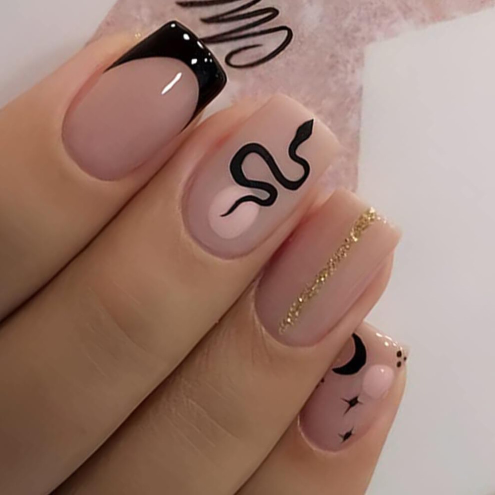 Snake Pattern Press On Nails Short Coffin Glue On Set, Reusable Fake Nails for Instant Salon Look