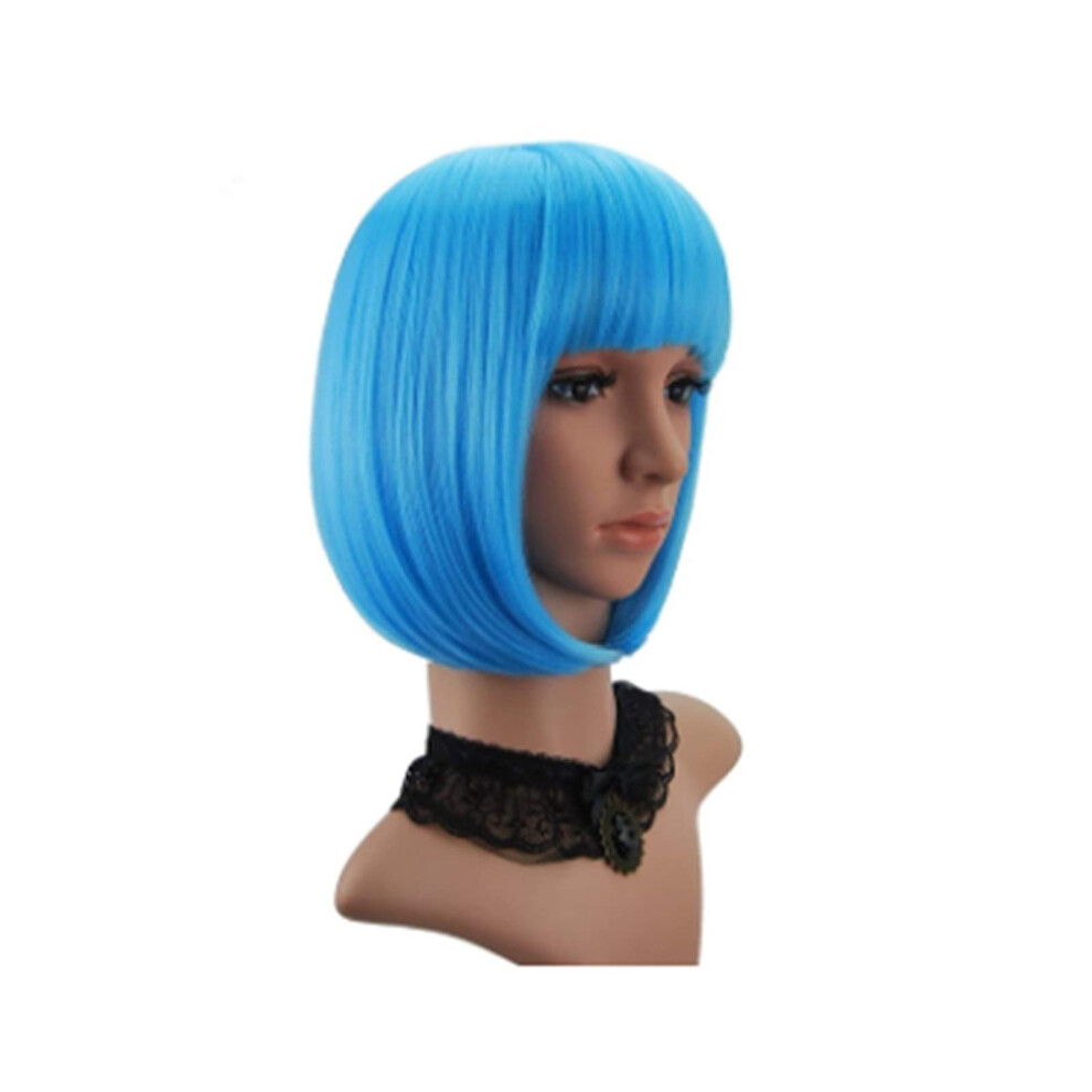Unisex Blue Party Wig Bob For Women 14 Inch Short Straight Synthetic Hair Cosplay With Realistic Texture