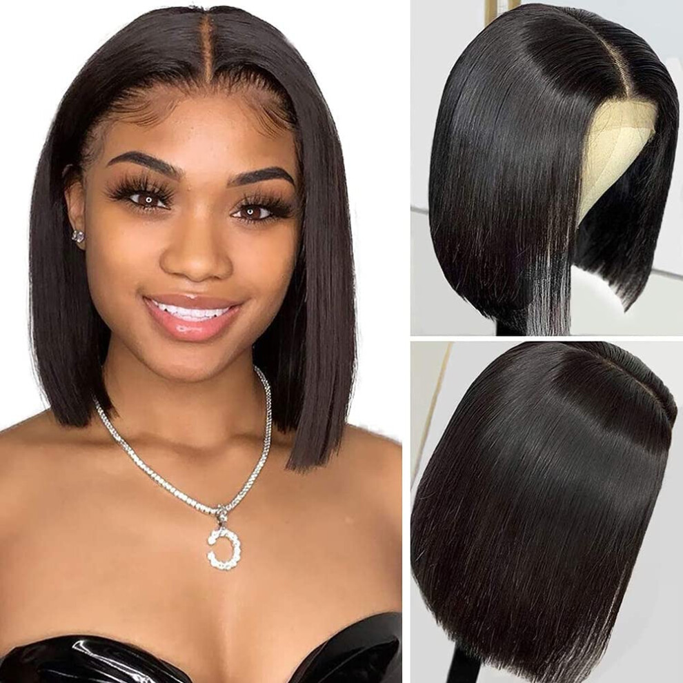 Unisex Black 13X4 Lace Front Bob Wig Brazilian Virgin Human Hair Preplucked Hairline For Women 8Inch