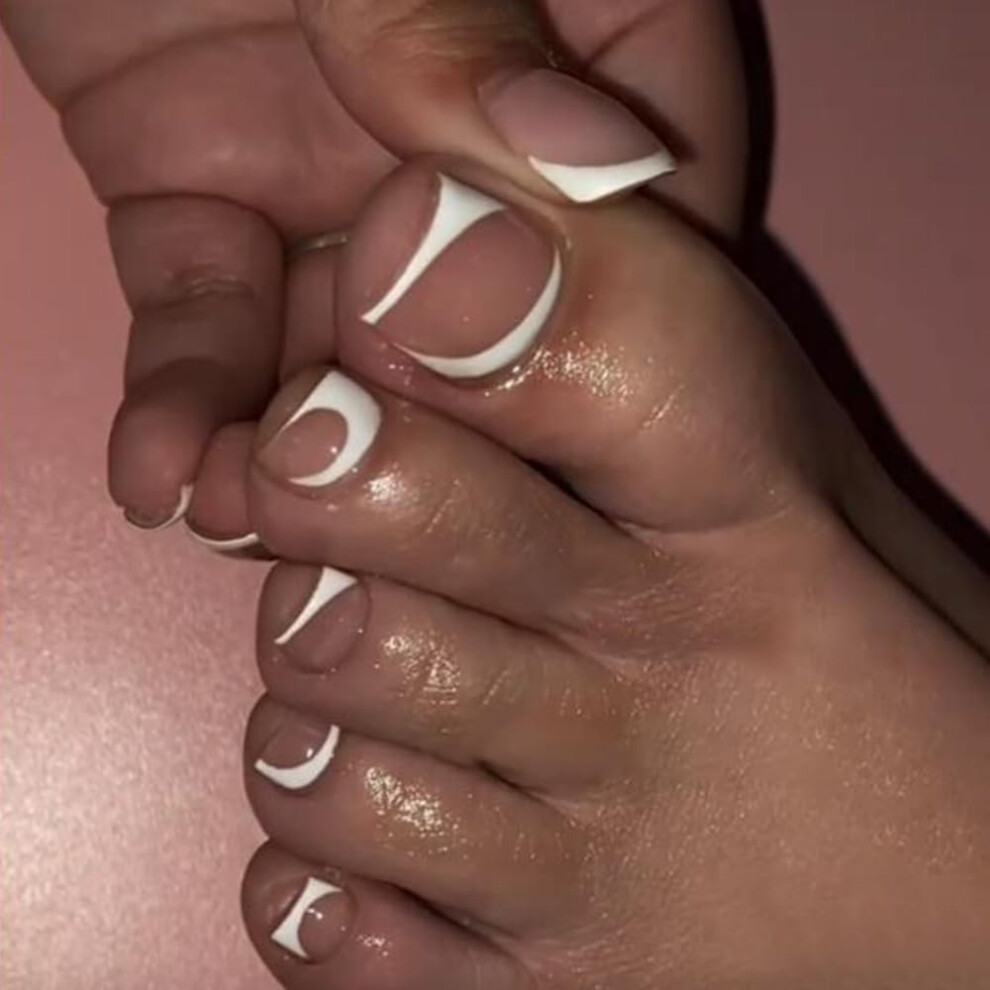Press On Toenails Kit Pink Square Glossy Striped Design Reusable Fake Toenails for Women