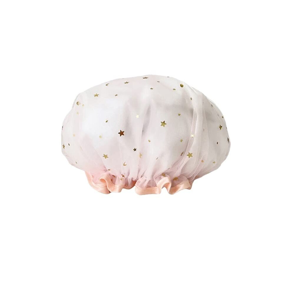 Waterproof Double Layer Shower Cap for Women, Reusable Quick Dry Polyester Bath Hair Cover, Pink