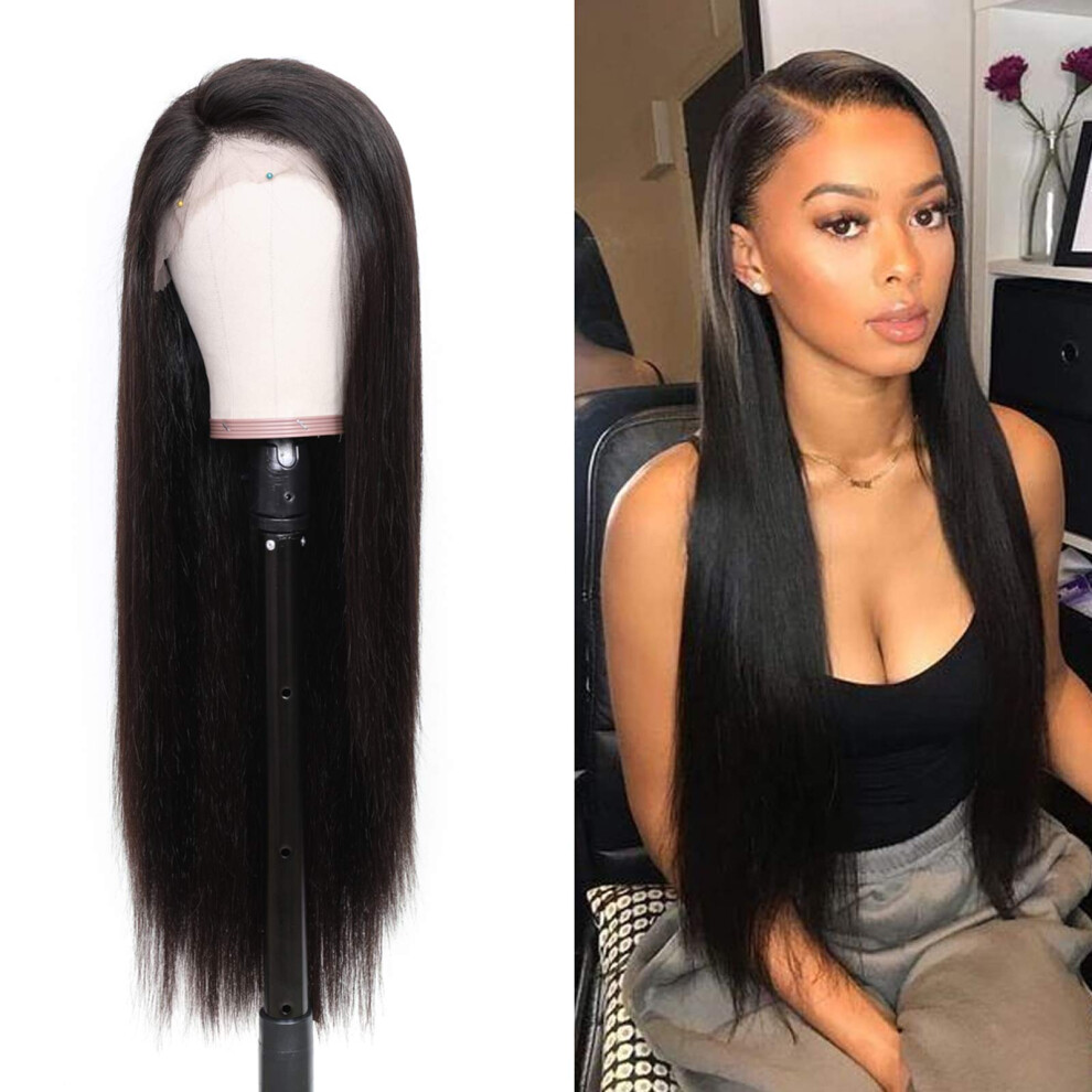 Unisex Black Brazilian Straight Human Hair Wig 24 Inch 13X4 Lace Frontal Pre Plucked With Baby Hair Natural