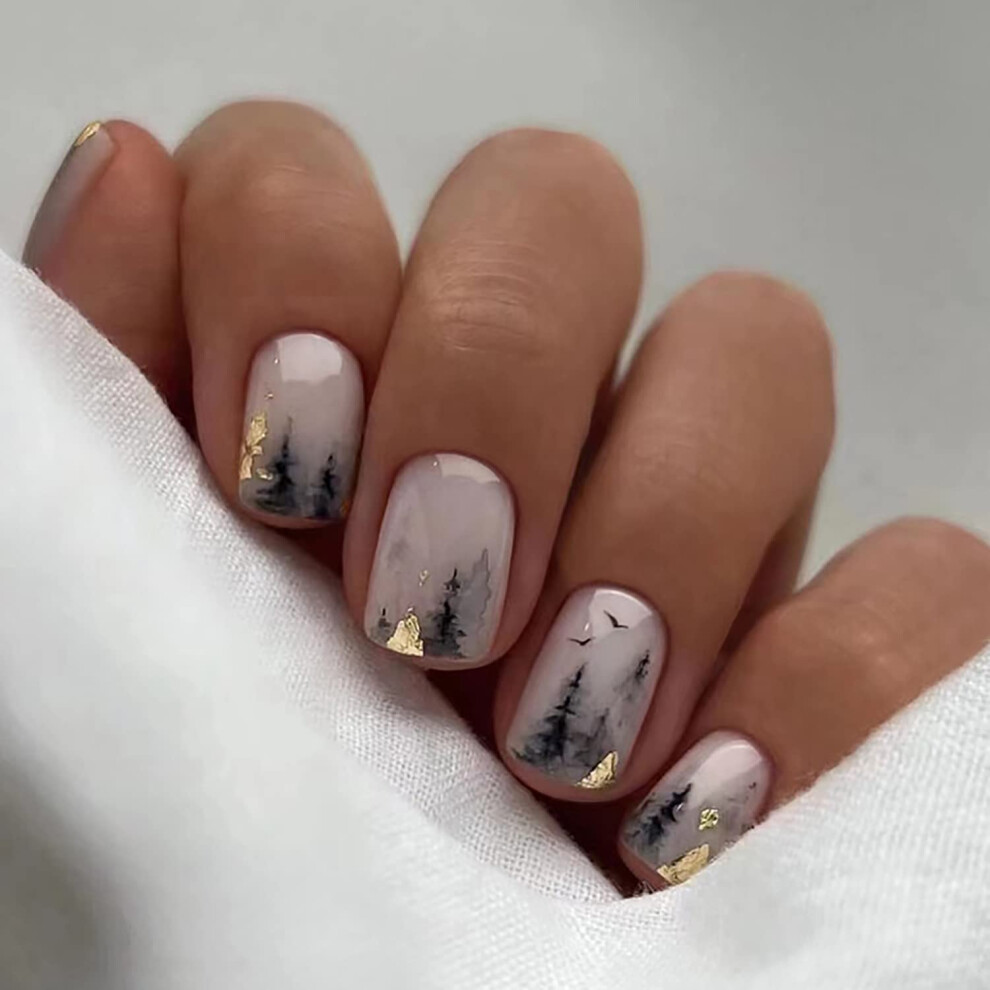Cream Square Nude Press On Nails With Foil Design, Reusable Fake Acrylic Nails For Women 24Pcs
