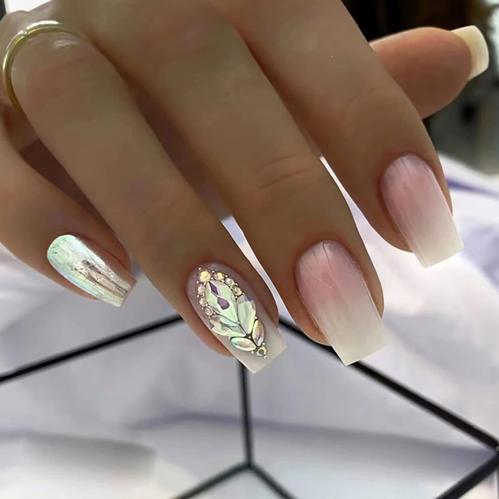 Pink Ombre Press On Nails Medium Square With Rhinestones Reusable Soft Gel Glue On Nail Tips