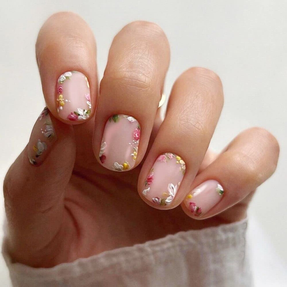 24pcs Short Square False Nails French Flower Full Cover Press On Nails with Jelly Adhesive Reusable