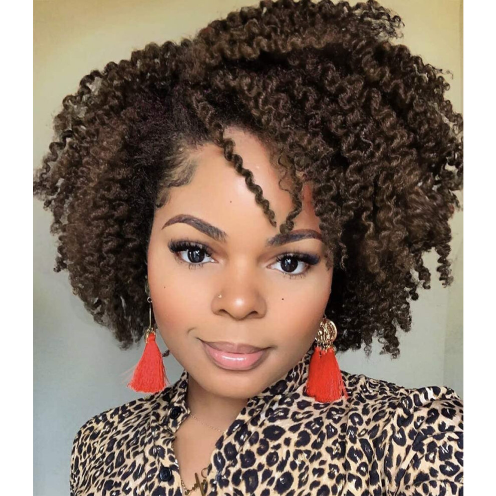 Unisex Black,Brown Short Ombre Brown Kinky Curly Side Part Wig With Natural Volume Curls For Black Women 1B 30