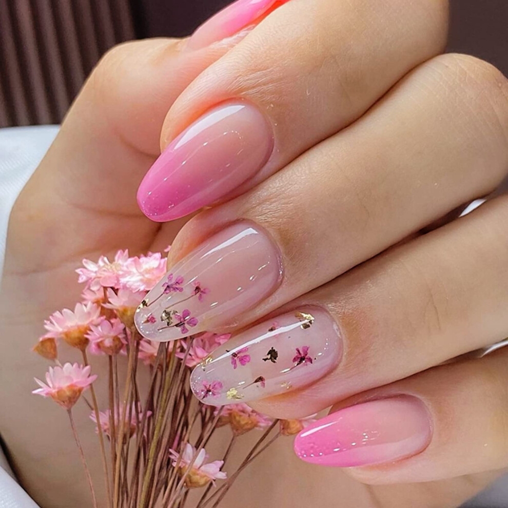 Pink Gradient Almond Press On Nails With Floral Design, Medium Glossy Glue On Fake Nails For Women