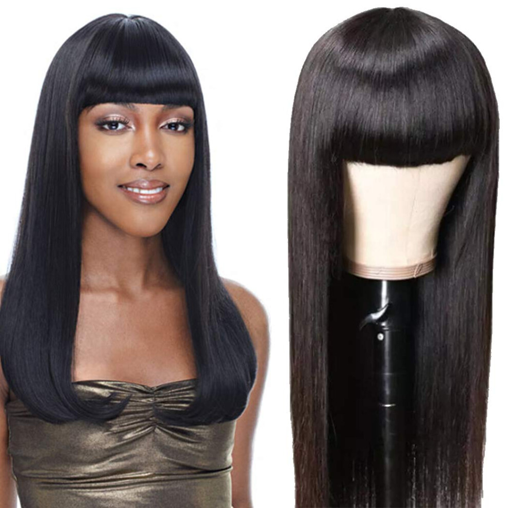 Peruvian Virgin Straight Human Hair Wig with Bangs 16 Inch Glueless Natural Black 150 Density