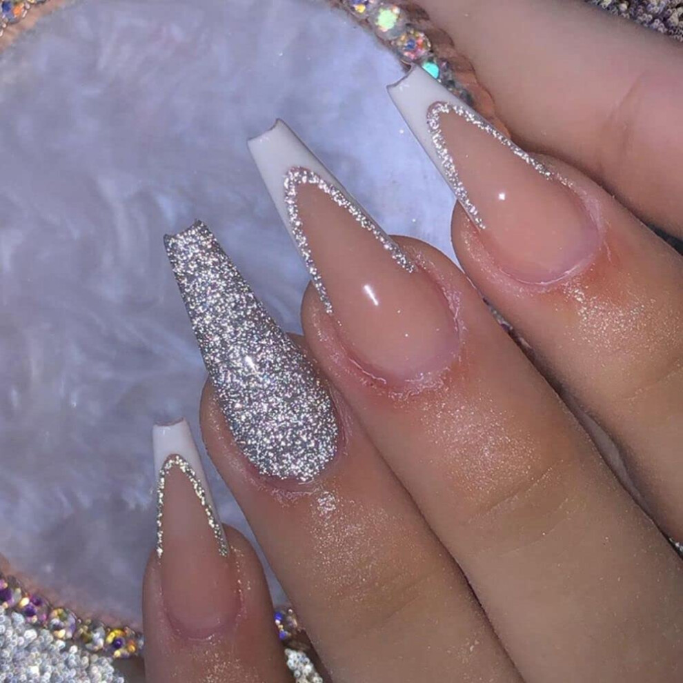 24pcs Long Ballerina White Glossy Press On Nails for Women with Jelly Adhesive and Salon Finish