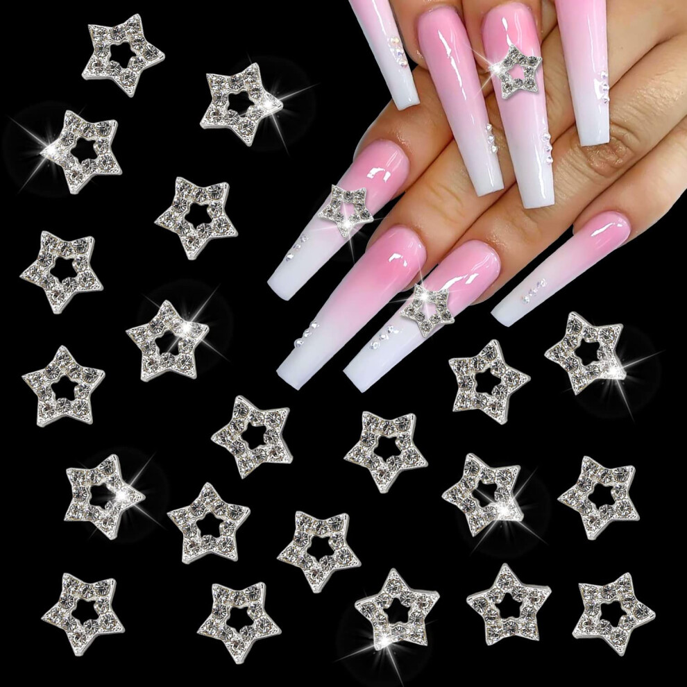 Silver 20Pcs Star Nail Charms With Rhinestones 3D Nail Art Decorations For Acrylic Nails