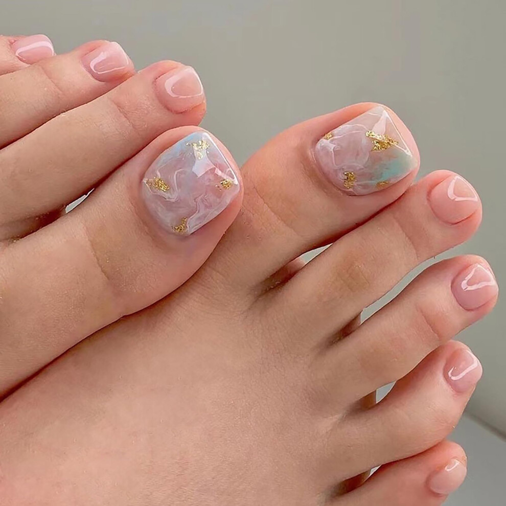 Press on Toenails Reusable French Tip Acrylic Pedicure with Glossy Marble Design 24PCS