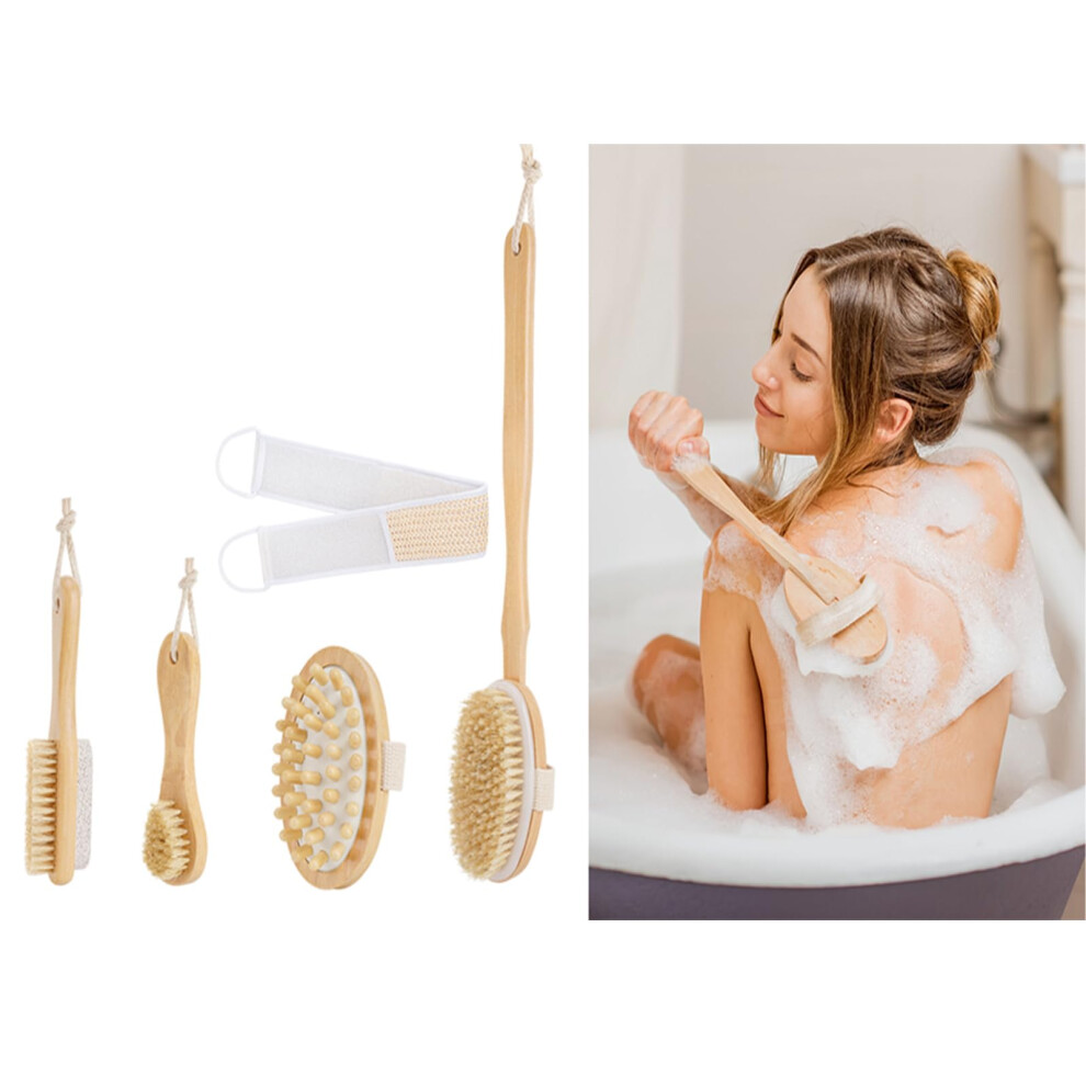 Body Brush Set with Natural Boar Bristles, 15Inch Long Handle Bath Brush for Exfoliating and Massage