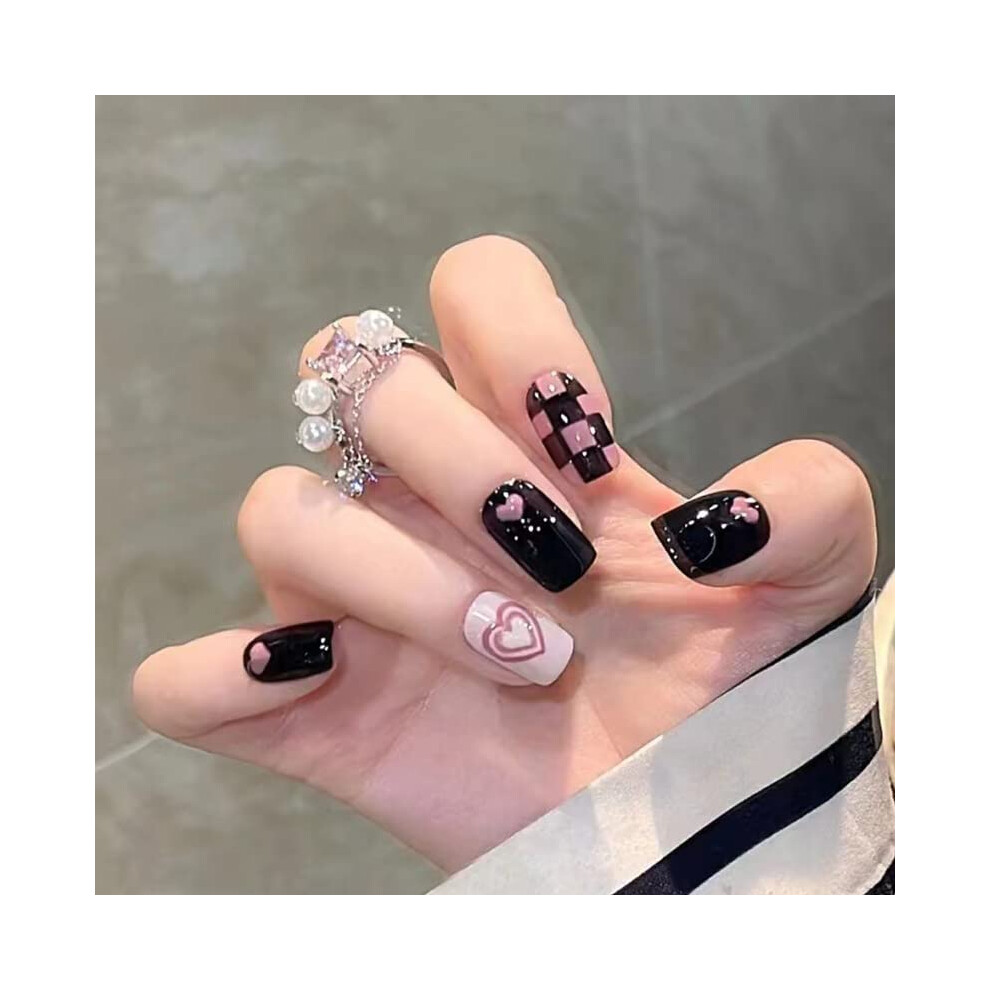 Black and Pink Checkerboard Press On Nails Set, Short Reusable Fake Nails 24pcs 12 Sizes