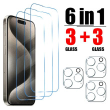Verre trempé 3+3 compatible avec iPhone 16, 15, 14, 13, 12, 11 Pro Max, Plus et Pro - Protection d'écran et d'appareil photo