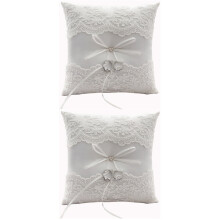 2pcs Lace Decorative Wedding Ring Pillow Ceremony Engagement Bridal Bride Ring Bearer with Ribbons (Beige)