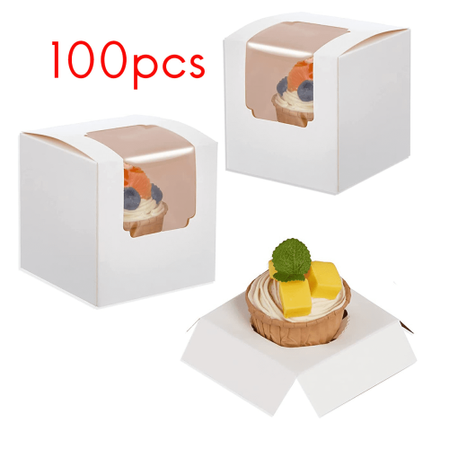 100 τεμάχια λευκό κουτί για cupcakes με ένθετο, μικρά κουτιά ζαχαροπλαστικής με 1