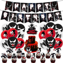 Venom-syntymäpäiväjuhlakoristeet, Venomin syntymäpäiväjuhlatarvikkeet sisältävät syntymäpäiväbannerin, kakunkoristeet,