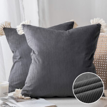 Fodera per cuscino decorativo quadrato in velluto a coste morbido Phantoscope con nappe in cotone, tinta unita, per divano, 45 x 45 cm, grigio scuro,