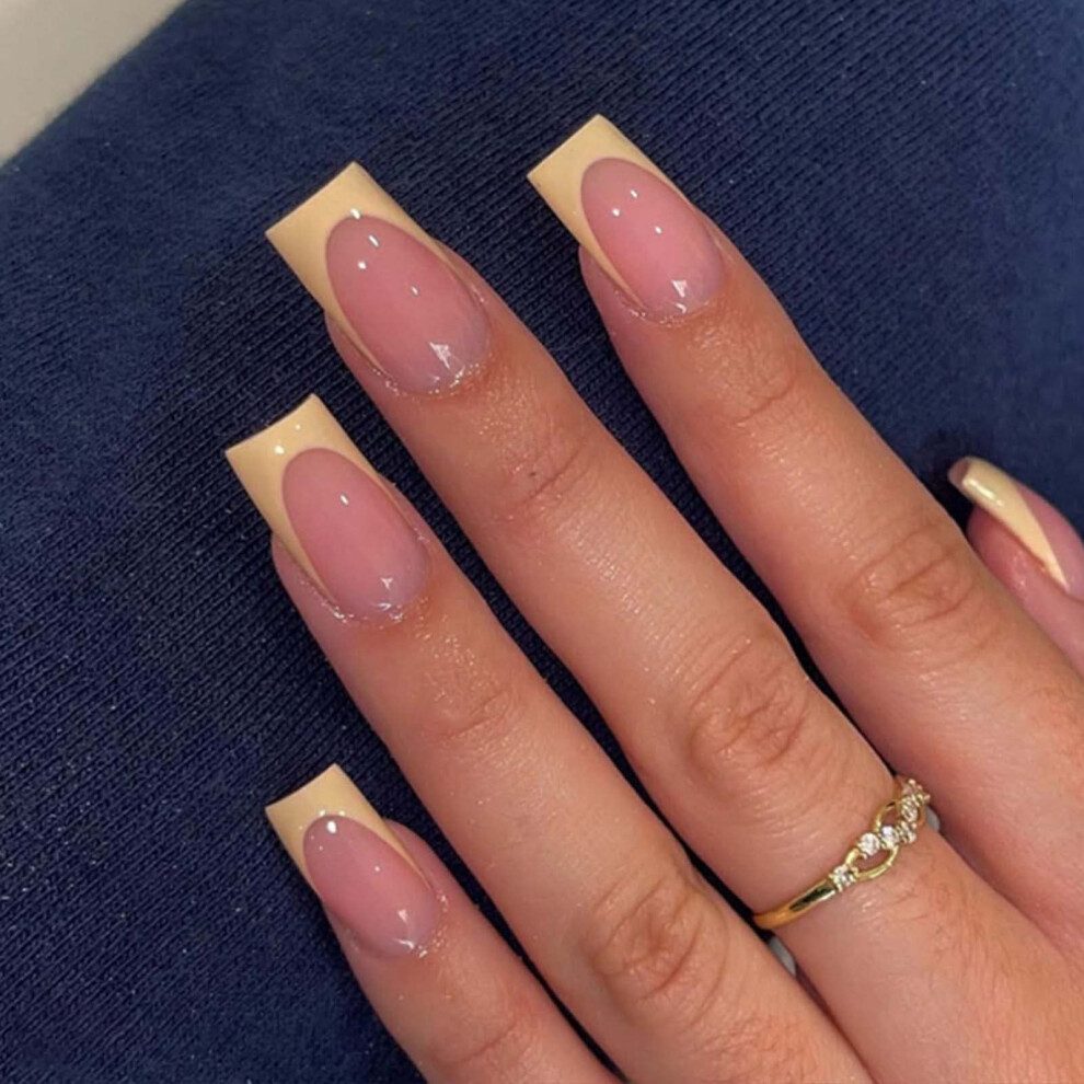 Short Square French Tip Press On Nails Yellow Acrylic Fake Nails 24PCS Multiple Sizes with Glue