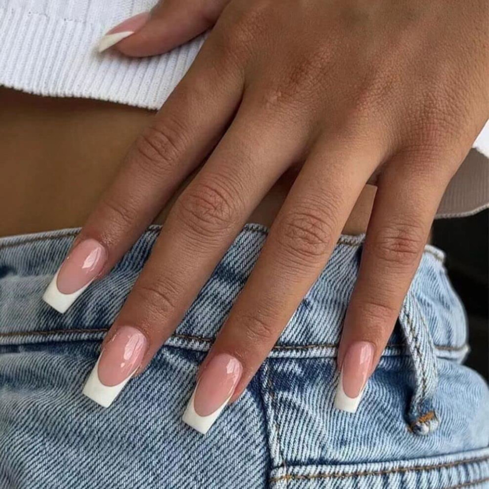 24pcs Short Ballerina Press On Nails Kit, Classic French False Nails with Glue Tabs for Women
