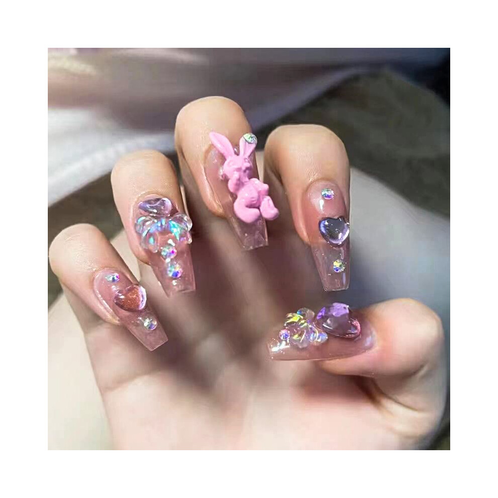 Long Pink Press on Nails with Rhinestones Y2K Rabbit Design Reusable Fake Nails Set 24pcs