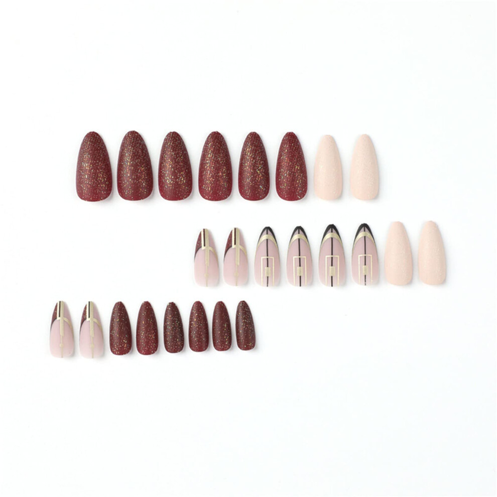 Long Coffin Press On Nails Set Crimson Glitter Full Cover 24pcs Instant Salon Look Durable Shape