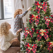 5PCS Christmas Buffalo Plaid Bows with Bells, Red & Black Burlap Xmas Tree Bows 3.15" - Home Decoration