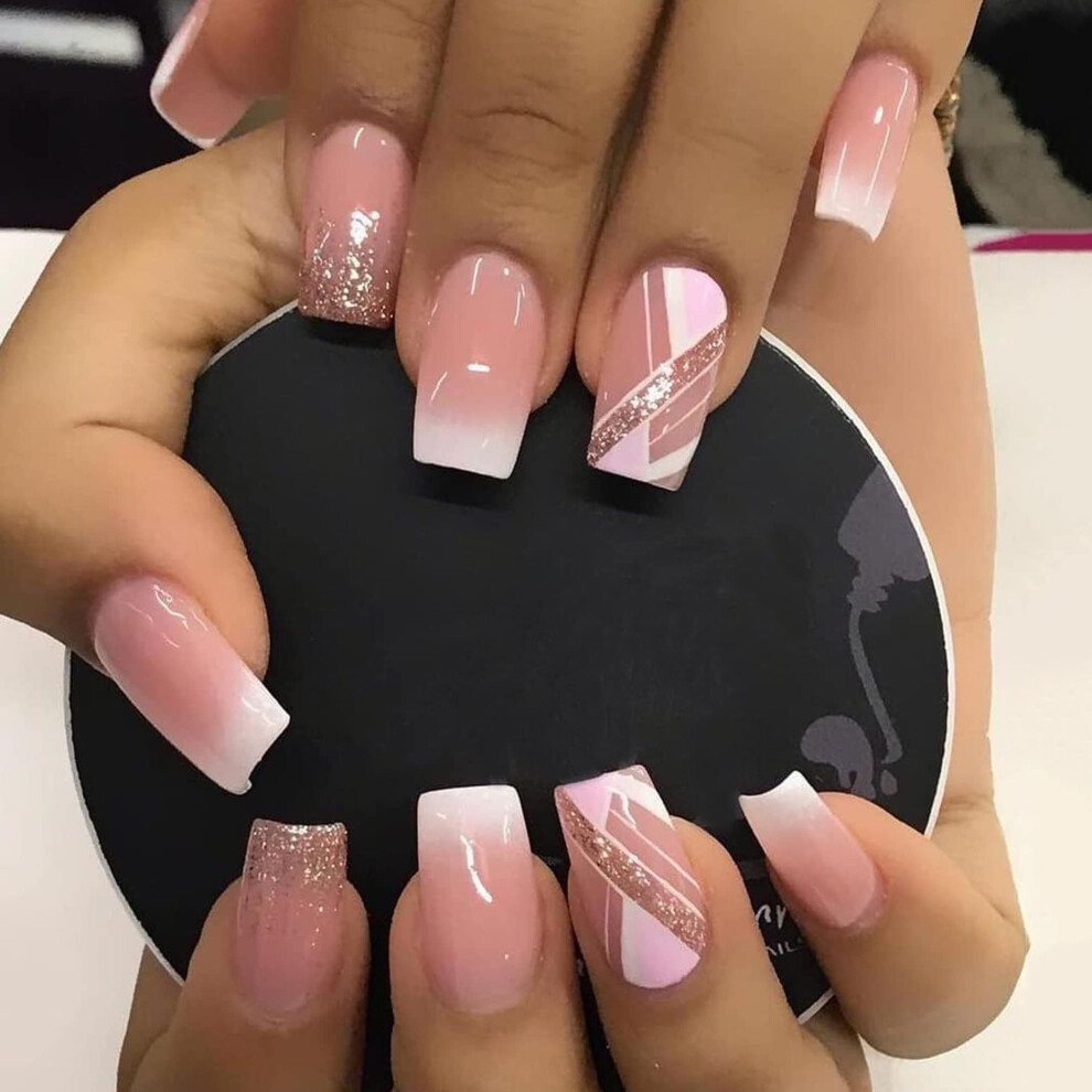 Glossy Square French Gradient Press On Nails with Geometric Glitter, Medium Ballerina Acrylic Fake Nails Set