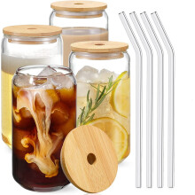 Conjunto de 4 copos com tampas de bambu e canudo de vidro, copos em formato de lata de 550 ml (18,6 oz) compatíveis com cerveja, café gelado,