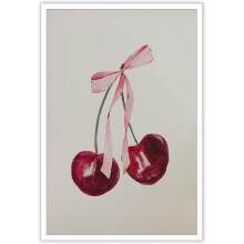 Poster retro cu cireșe în acuarelă, imprimeu vintage cu fructe, pictură cu fundă roz, artă murală pe pânză de 16x24 in, decor funky preppy