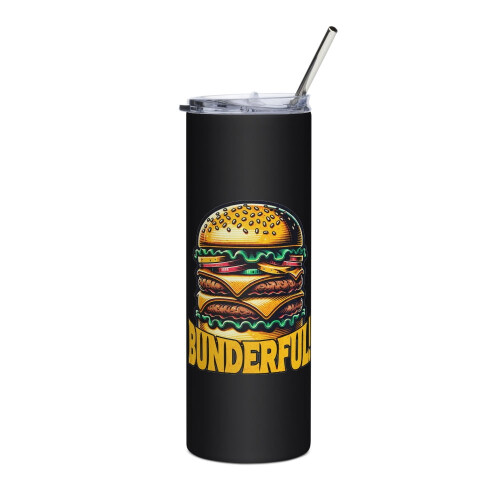 Bicchiere termico sottile e divertente con gioco di parole a tema hamburger, Bunderful (nero)