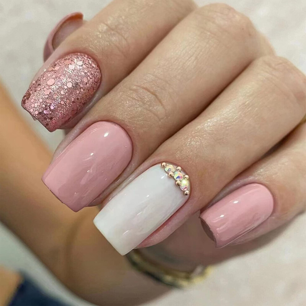Pink Press On Nails with Glue Short Square Acrylic Fake Nails Glossy Rhinestone Design 24Pcs