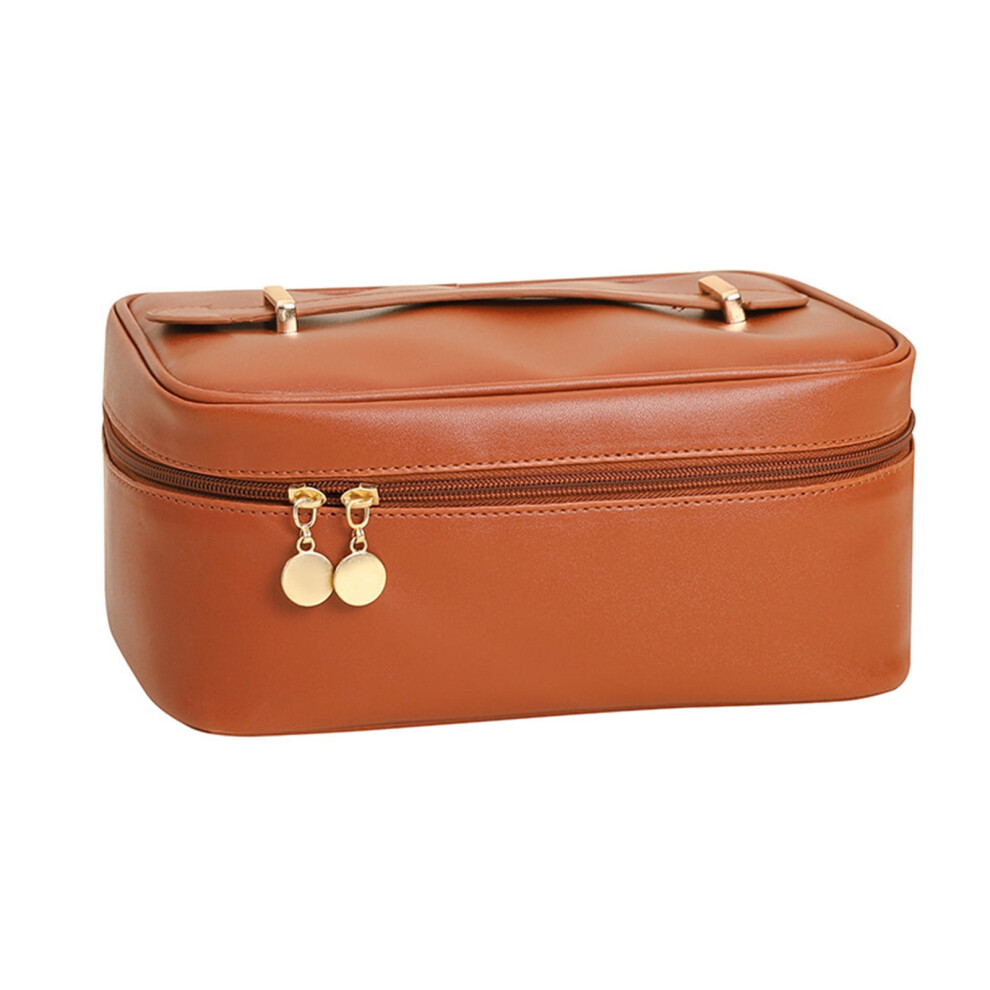 Yonrjhukm Large Capacity Travel Cosmetic Bag, Travel Makeup Bag Leather with Brushes Slots Divider Flat Lay Cosmetic Bag Portable Makeup Organizer