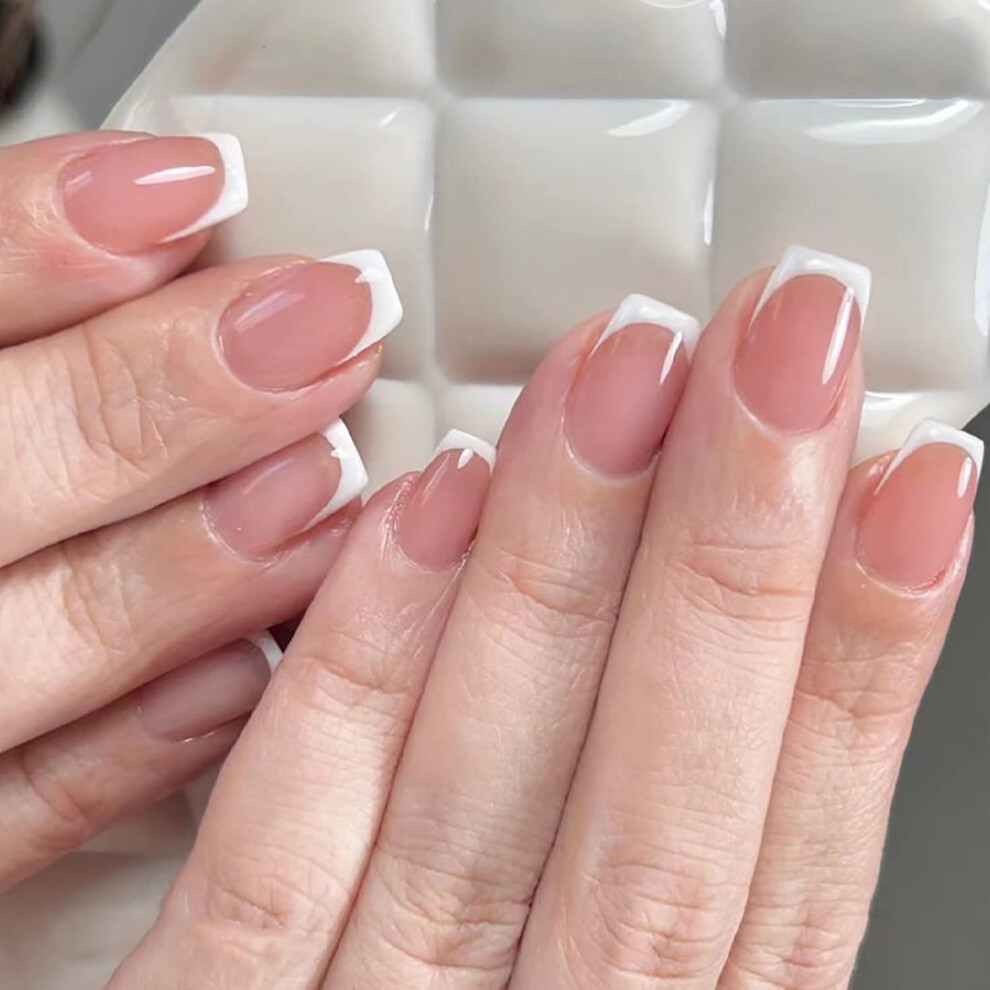 Short Nude Pink Press On Nails Square Acrylic Fake Nails with Adhesive for Women