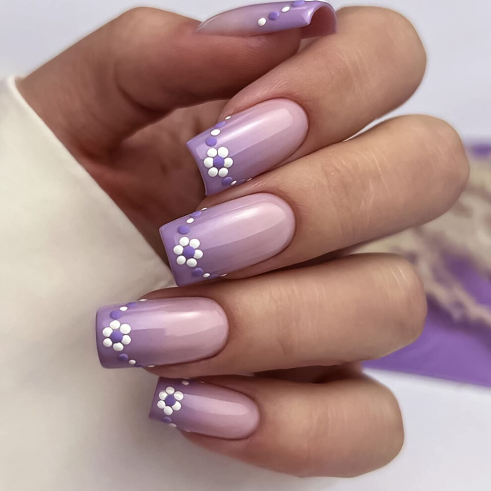 Medium Square Press On Nails Gradient Floral Fake Nails Reusable Acrylic SalonQuality Set 24 Pcs