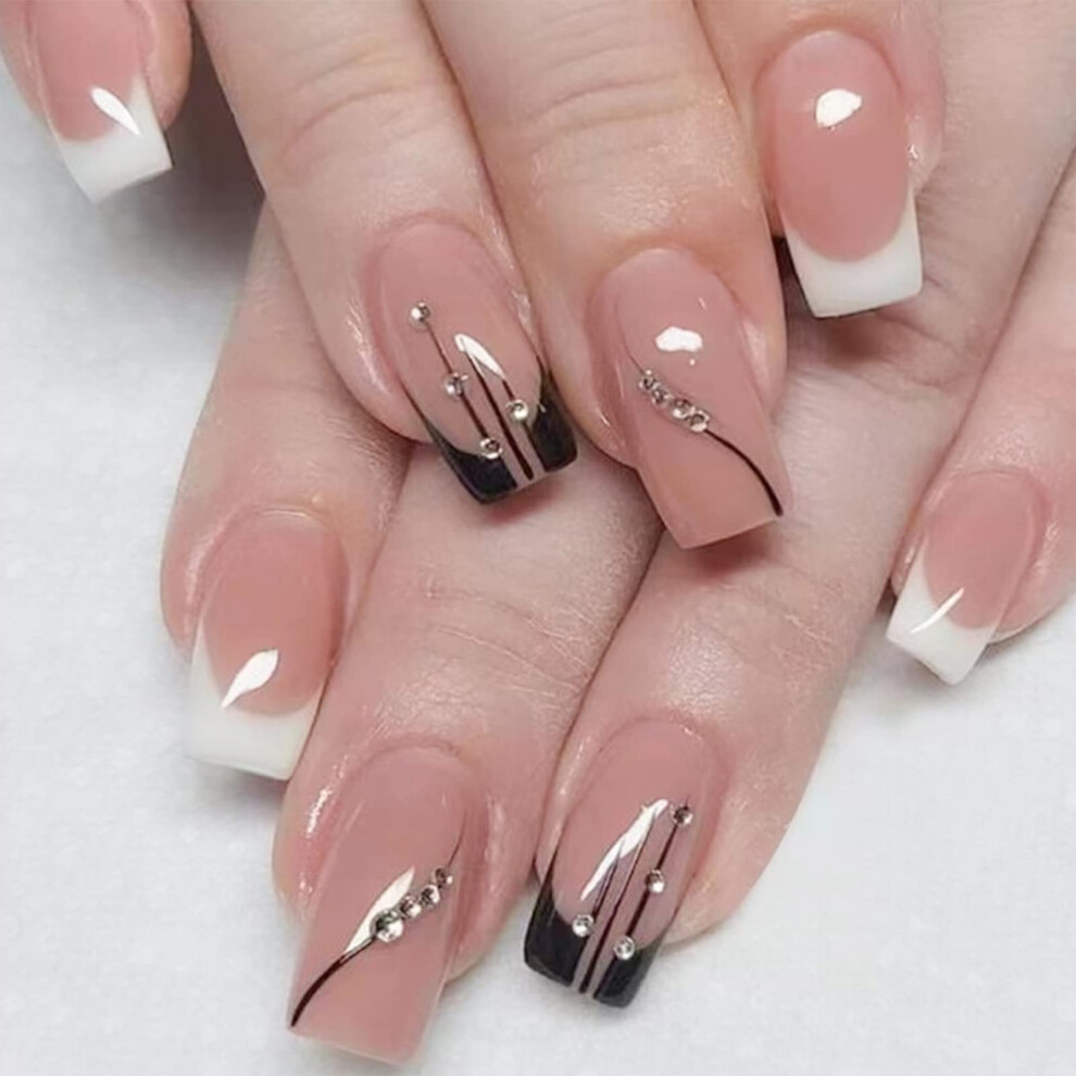 Short Nude French Tip Press On Nails Set Square Fake Nail Tips with Glue Natural Acrylic Finish