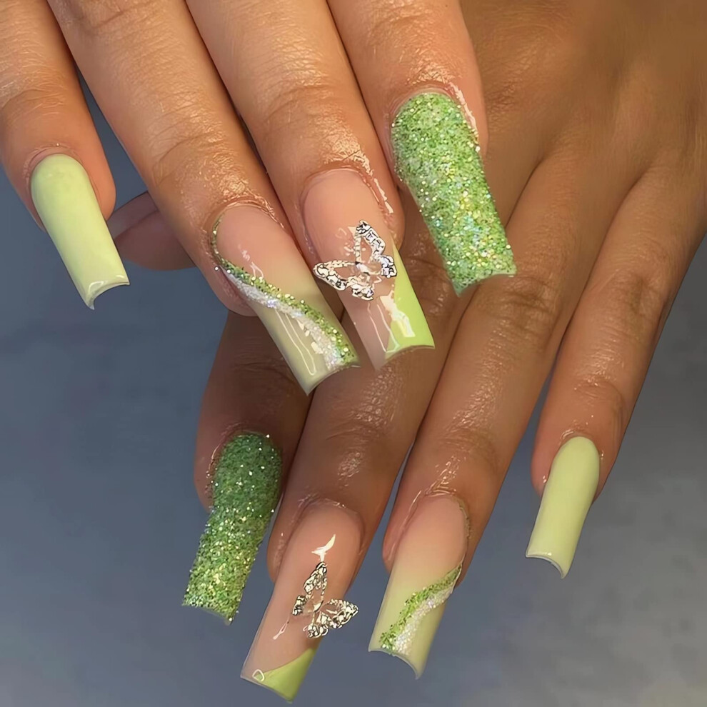 Long Coffin Press on Nails Green Glitter Butterfly French Tips 24Pcs Acrylic Set with Glue