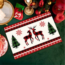 Christmas Trees Placemats Set of 4, 12x18 Inch, Indoor Outdoor Watercolor Green Buffalo Plaid, Winter Table Mats for Home Party, Farmhouse Kitchen