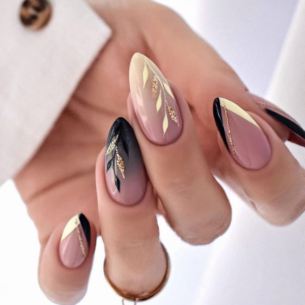 Black French Tip Press On Nails Medium Almond with Leaf Designs Fake Nails 24PCS with Glue